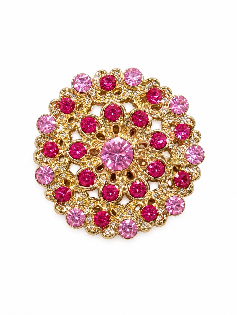 Pink Rhinestone Floral Gold Tone Brooch Statement Pin NWOT